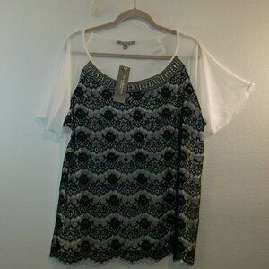 NY Collection Women Plus Size 1x Black White Mesh Lace Top Shirt Blouse